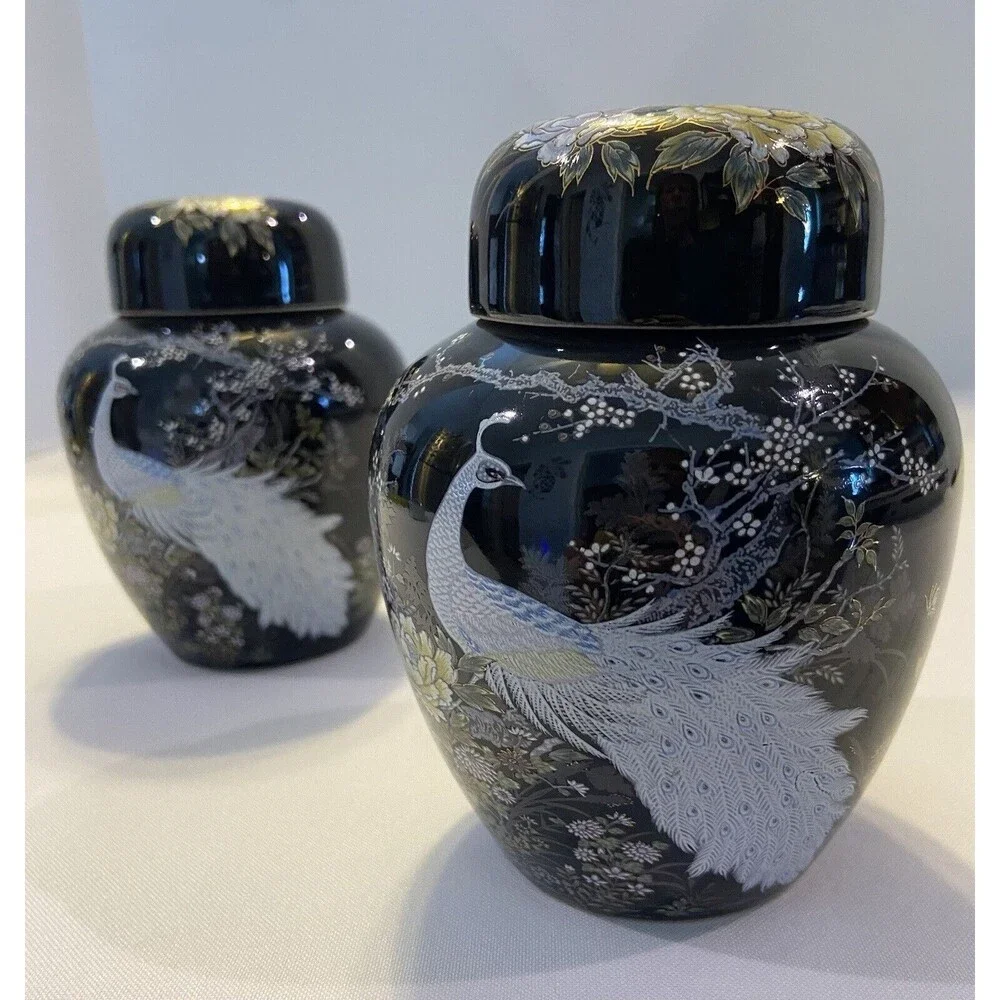 SHIBATA, 2 Hand Painted Peacock Black Ceramic Ginger Jars
